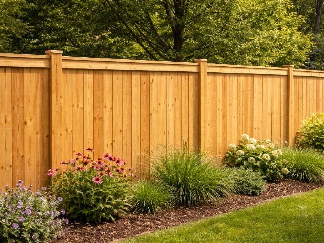 Pine privacy fencing installed in a residential backyard in Southeast Louisiana