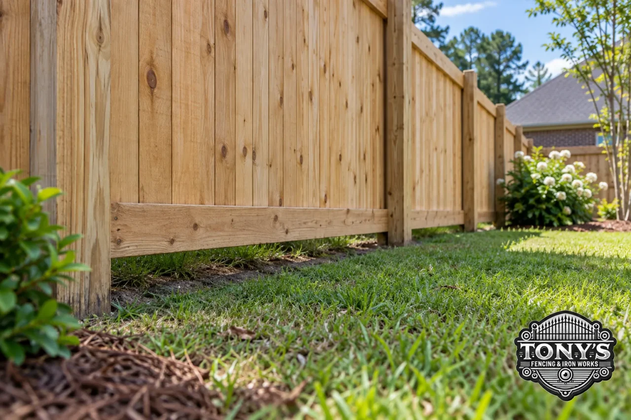 Gap under fence Louisiana showing proper ground clearance beneath a wood privacy fence