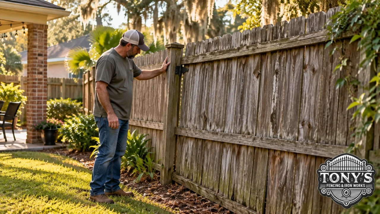 Homeowner inspecting an aging wood fence to decide whether to repair or replace a fence in Louisiana