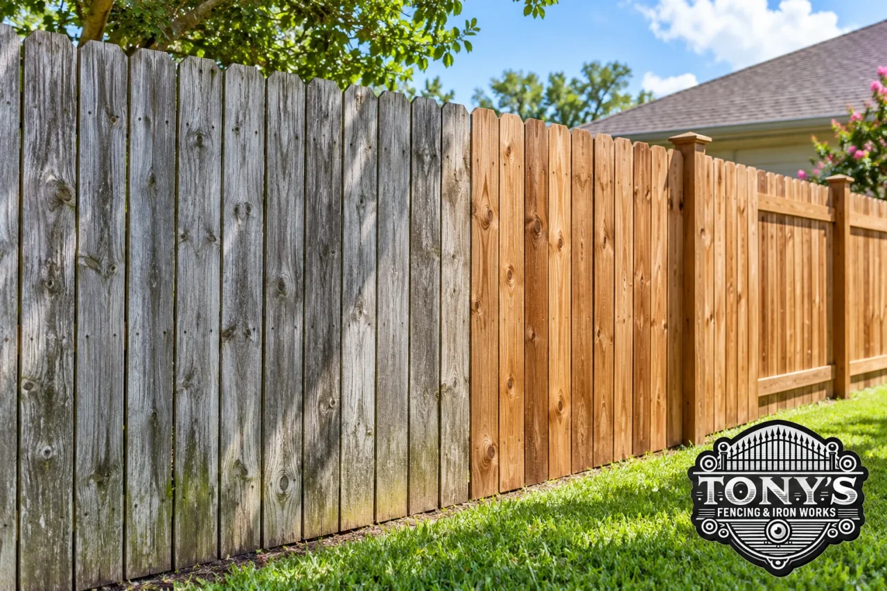 Wood fence discoloration in Louisiana showing weathered gray boards beside natural brown wood fencing.