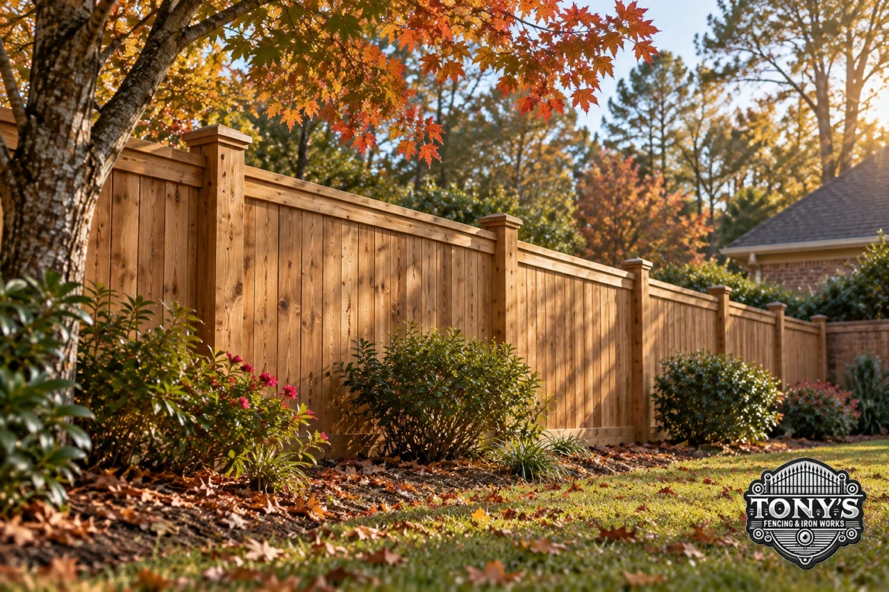 Fall fence maintenance in Louisiana featuring a wooden privacy fence surrounded by autumn leaves in a Northshore backyard.