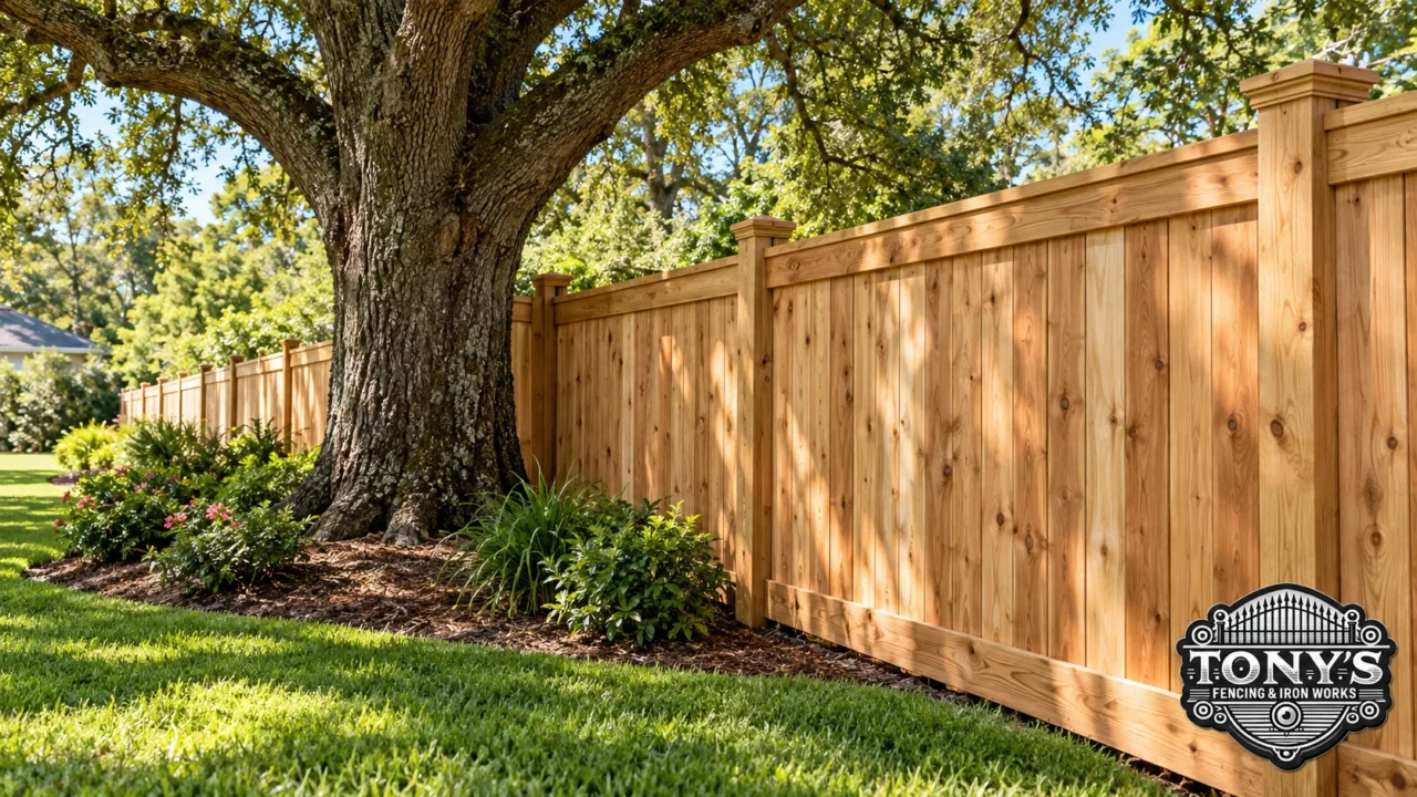 Wood fence near a mature tree in Louisiana