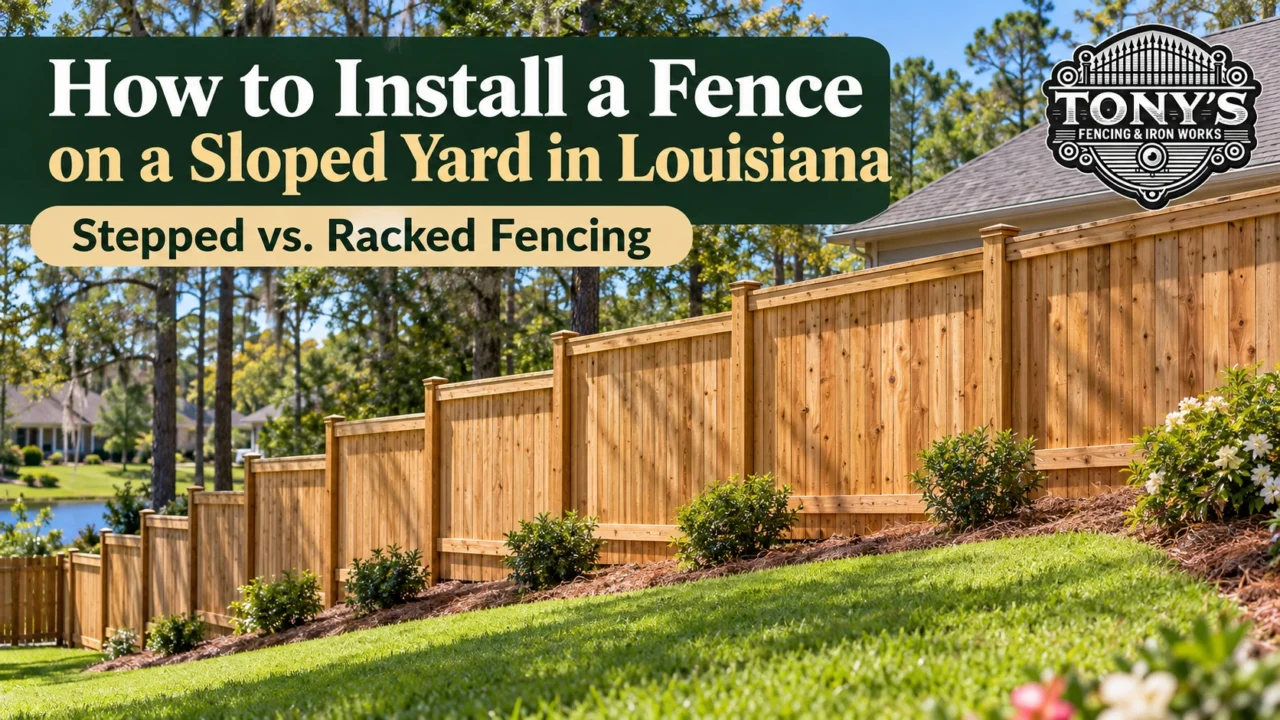 Stepped wood privacy fence on a sloped yard in Louisiana, showing custom fence installation by Tony's Fencing & Iron Works.